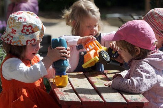 German toddlers of the "Frogs" group play in the garden at the Spreekita Kindergarten in Berlin May 3, 2007.
